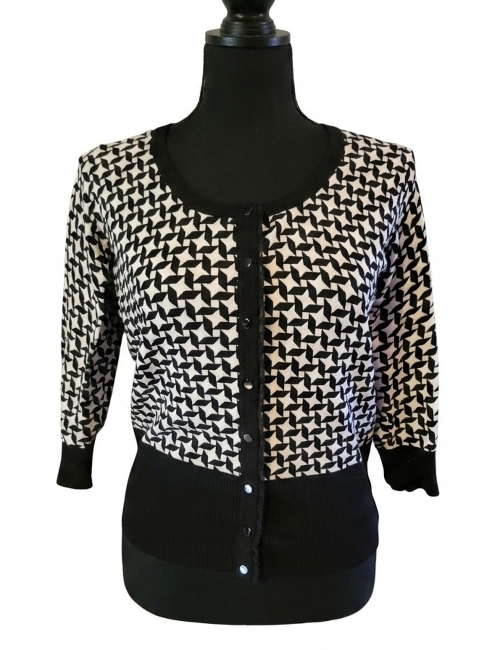 White House Black Market Black & White Geometric Button-Front Cardigan